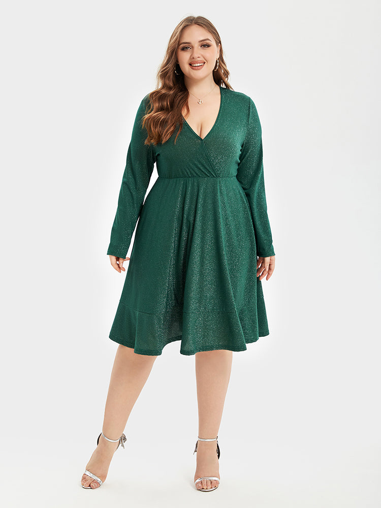 V-Neck Ruffle Hem Glitter Party Midi Dress