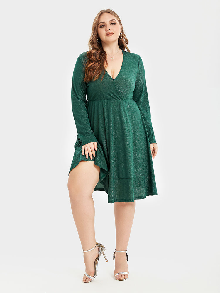 V-Neck Ruffle Hem Glitter Party Midi Dress