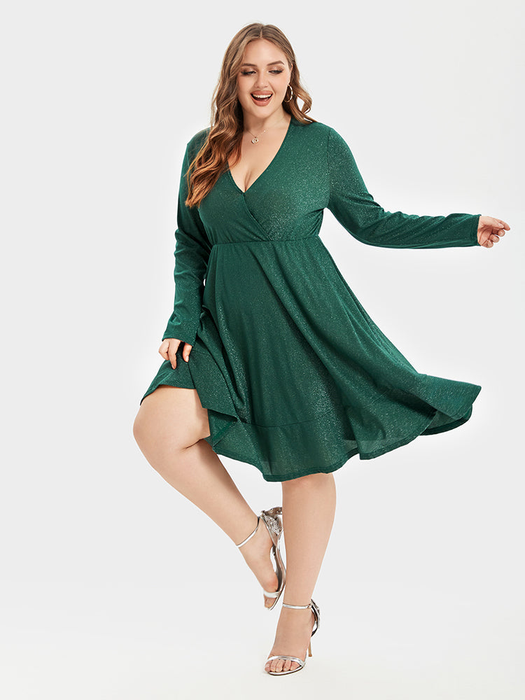 V-Neck Ruffle Hem Glitter Party Midi Dress