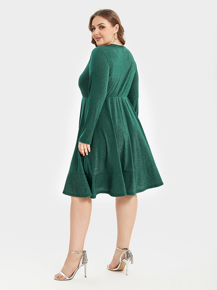 V-Neck Ruffle Hem Glitter Party Midi Dress