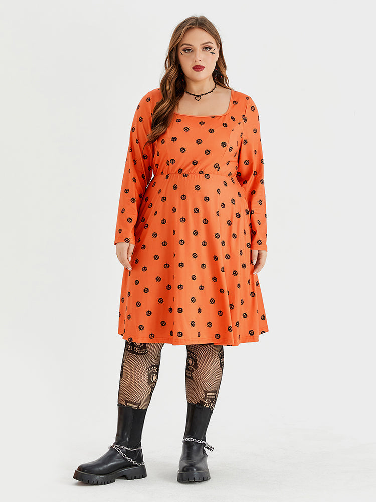 VIP Halloween Print Square Neck Pocket  Midi Dress