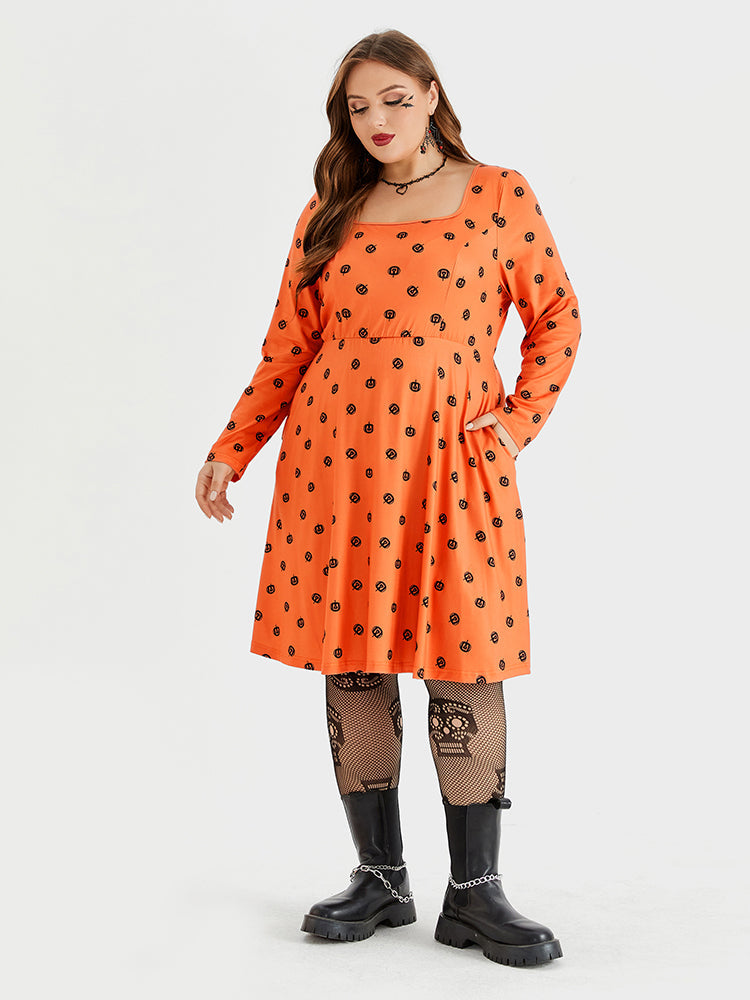VIP Halloween Print Square Neck Pocket  Midi Dress