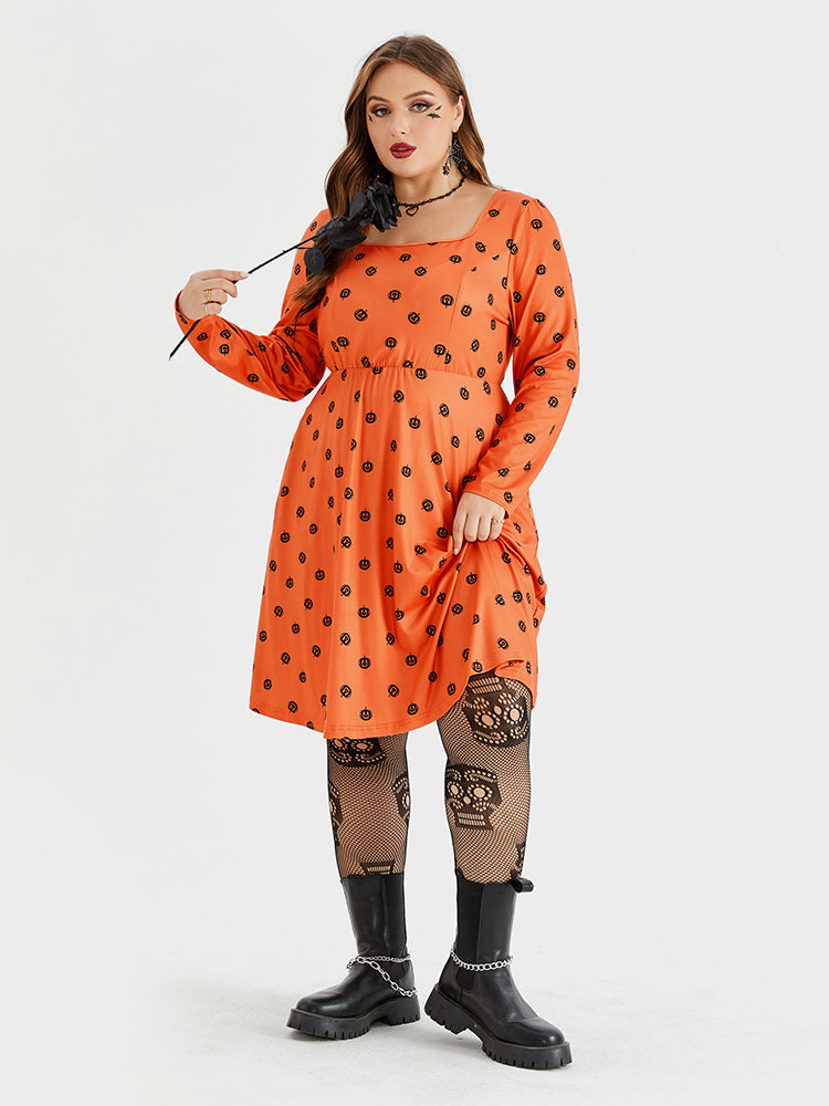 VIP Halloween Print Square Neck Pocket  Midi Dress
