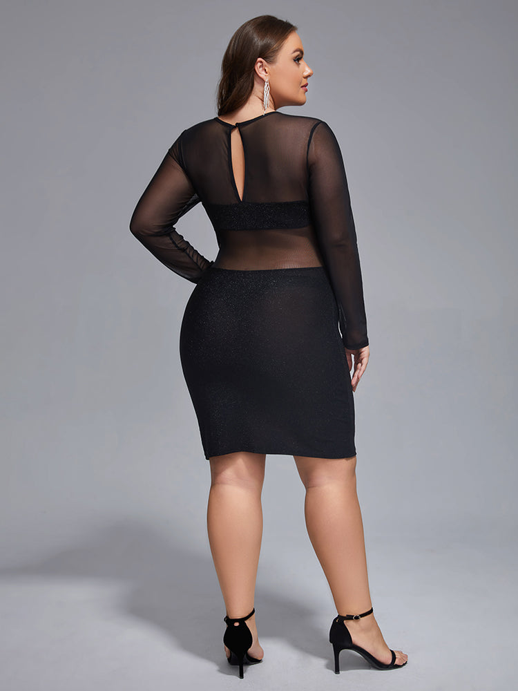 VIP Plus Mesh Patchwork Glitter Bodycon Dress