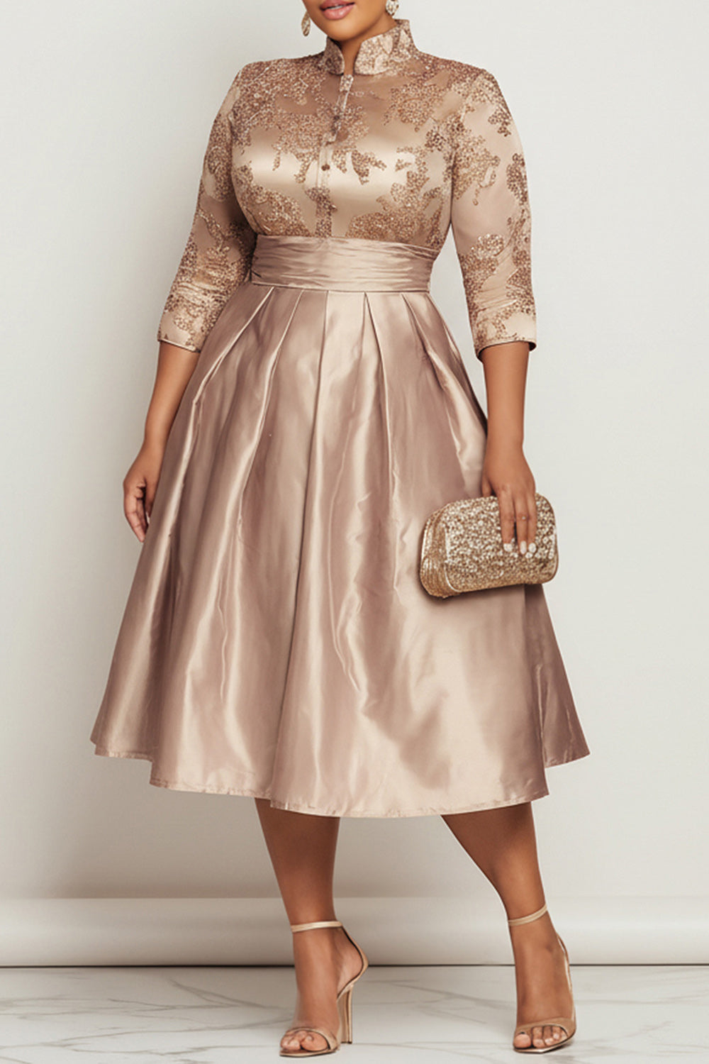 Xpluswear Design Plus Size Churchs Champagne Stand-Up Collar 3/4 Sleeve Pocket Elegant Contrast Satin Midi Dresses
