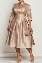 Xpluswear Design Plus Size Churchs Champagne Stand-Up Collar 3/4 Sleeve Pocket Elegant Contrast Satin Midi Dresses