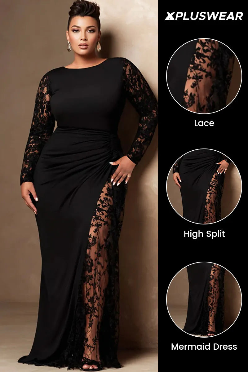 Xpluswear Design Plus Size Formal Black Round Neck Long Sleeve Contrast See Through Lace Maxi Dresses