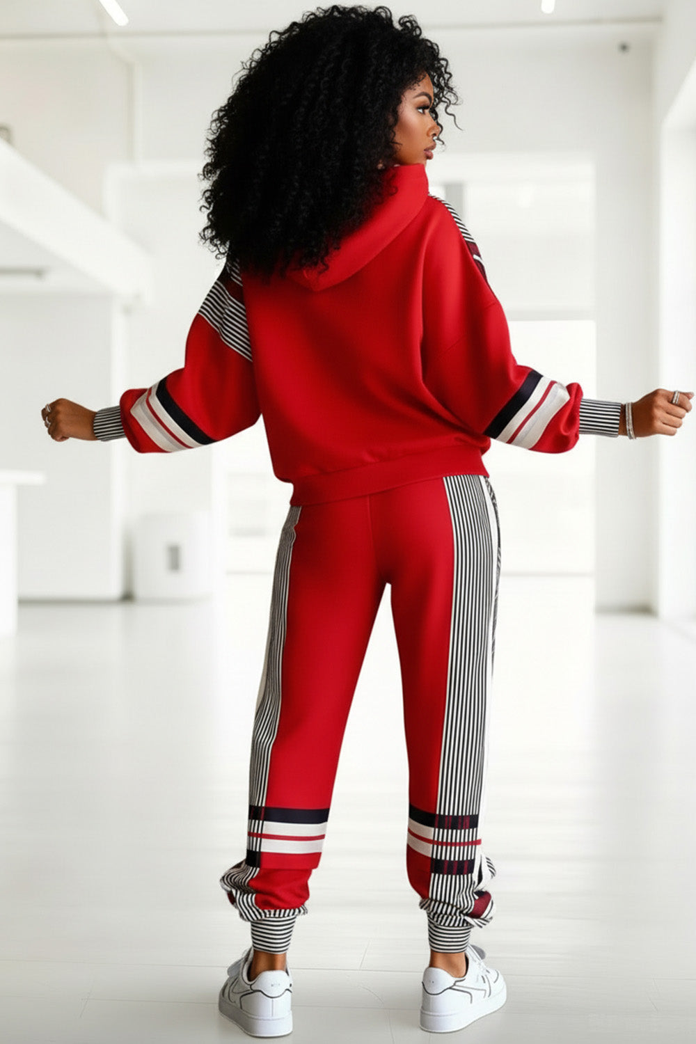 Plus Size Daily Red Striped Hooded Long Sleeve Ruched Casual Sweatshirts