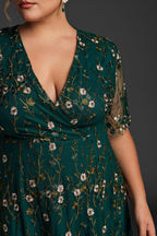 Curveins Plus Size V-Neck Ruffle Sleeve Embroidered Maxi Dress