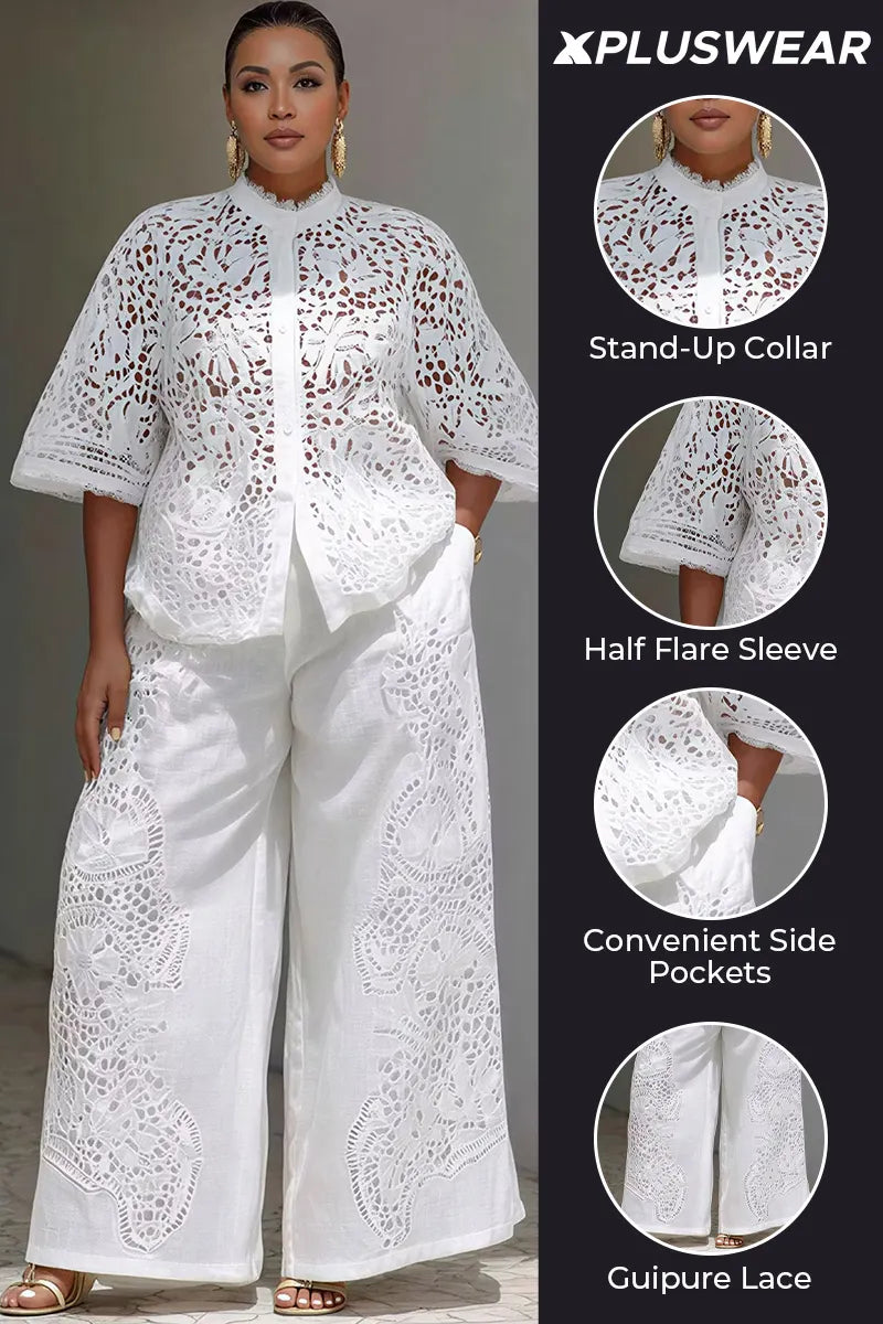 Xpluswear Design Plus Size Vacation White Stand-Up Collar Flare Half Sleeve Cut Out Pocket Guipure Lace Two Piece Pant Sets