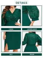 Contrast Sequin Lantern Sleeve Split Hem Dress