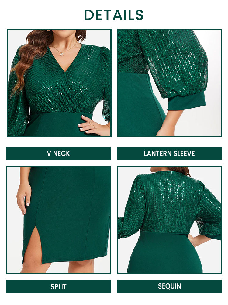 Contrast Sequin Lantern Sleeve Split Hem Dress