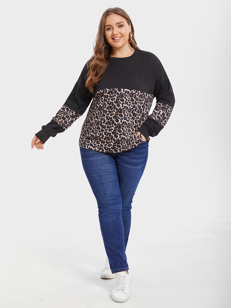 VIP Leopard Print Colorblock Drop Shoulder Tee