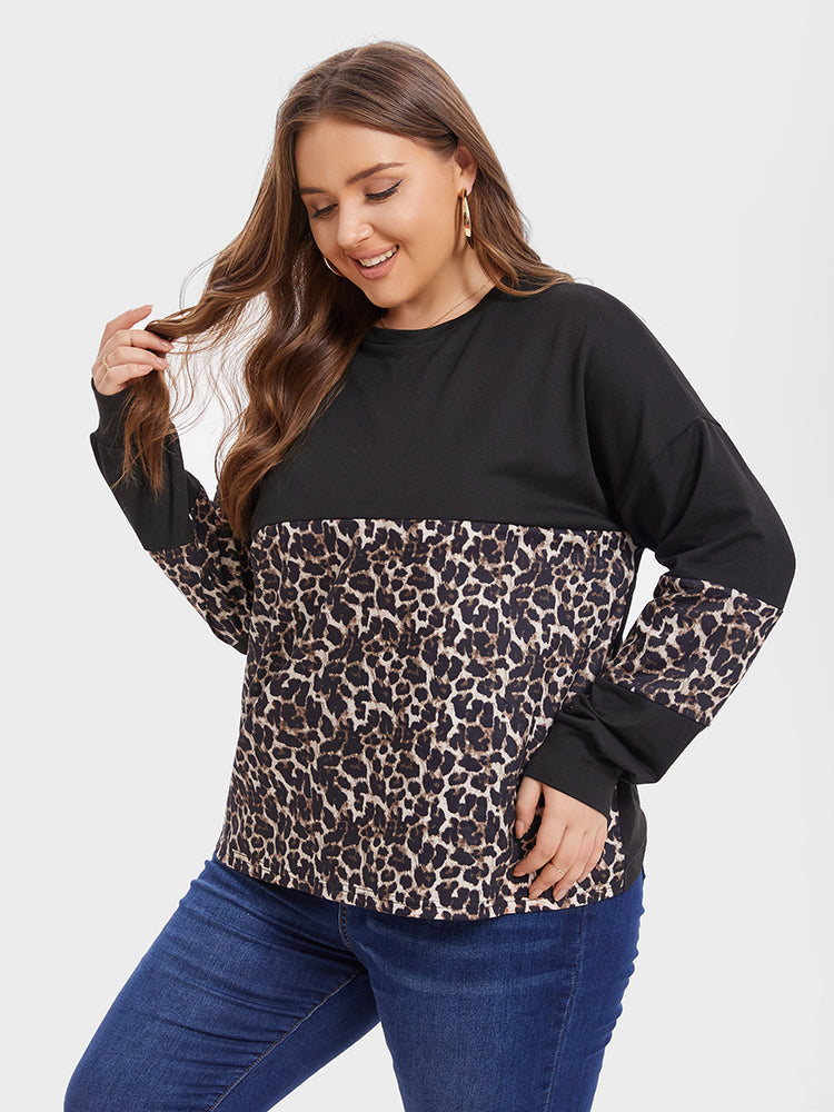 VIP Leopard Print Colorblock Drop Shoulder Tee