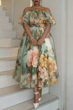 Xpluswear Design Plus Size Cocktail Party Sage Green Floral Off The Shoulder Ruffle Chiffon Maxi Dresses