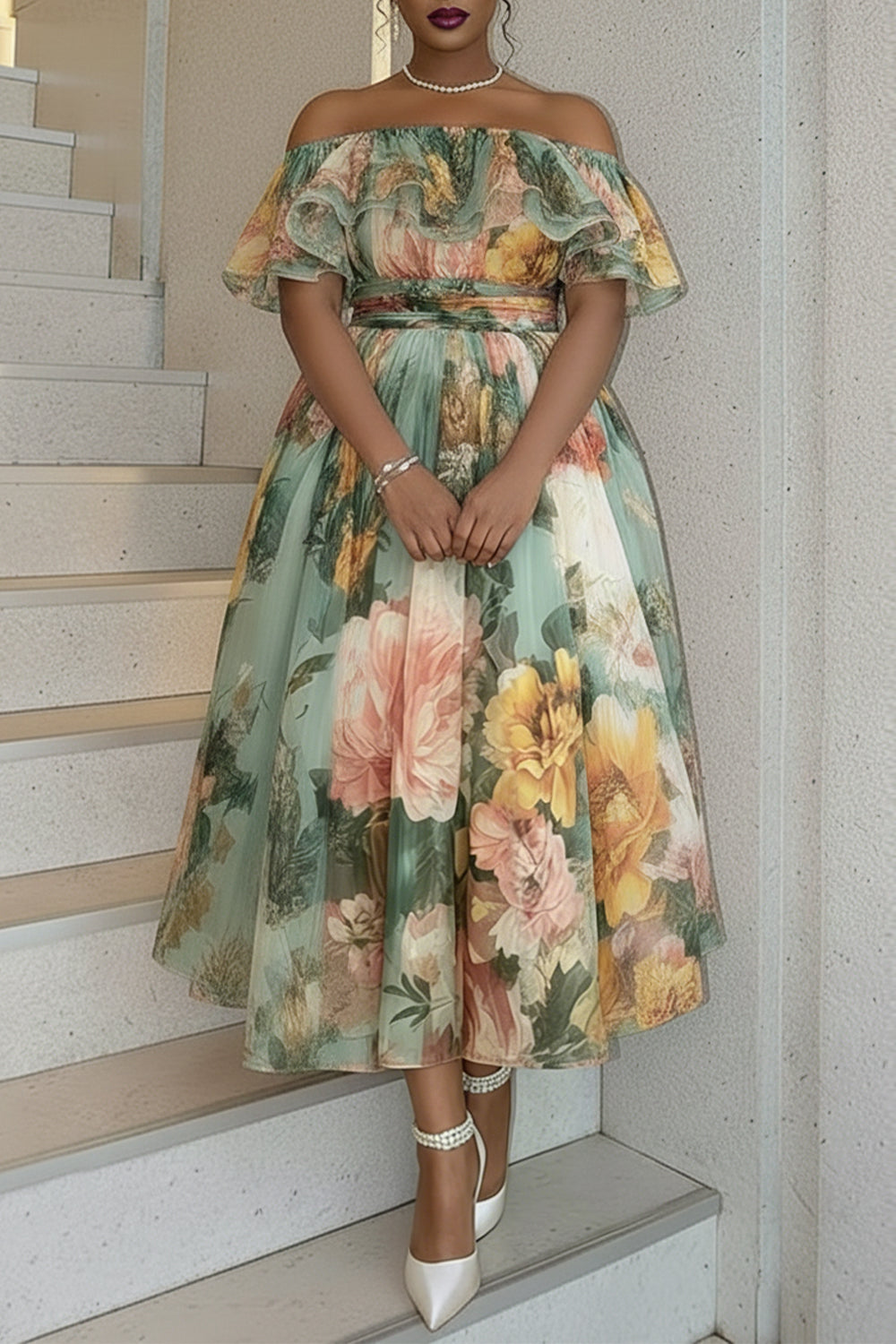 Xpluswear Design Plus Size Cocktail Party Sage Green Floral Off The Shoulder Ruffle Chiffon Maxi Dresses