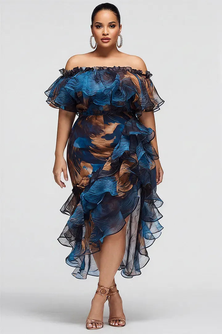 Xpluswear Design Plus Size Cocktail Party Blue Graphic Off The Shoulder Ruffle Tiered Chiffon Midi Dresses