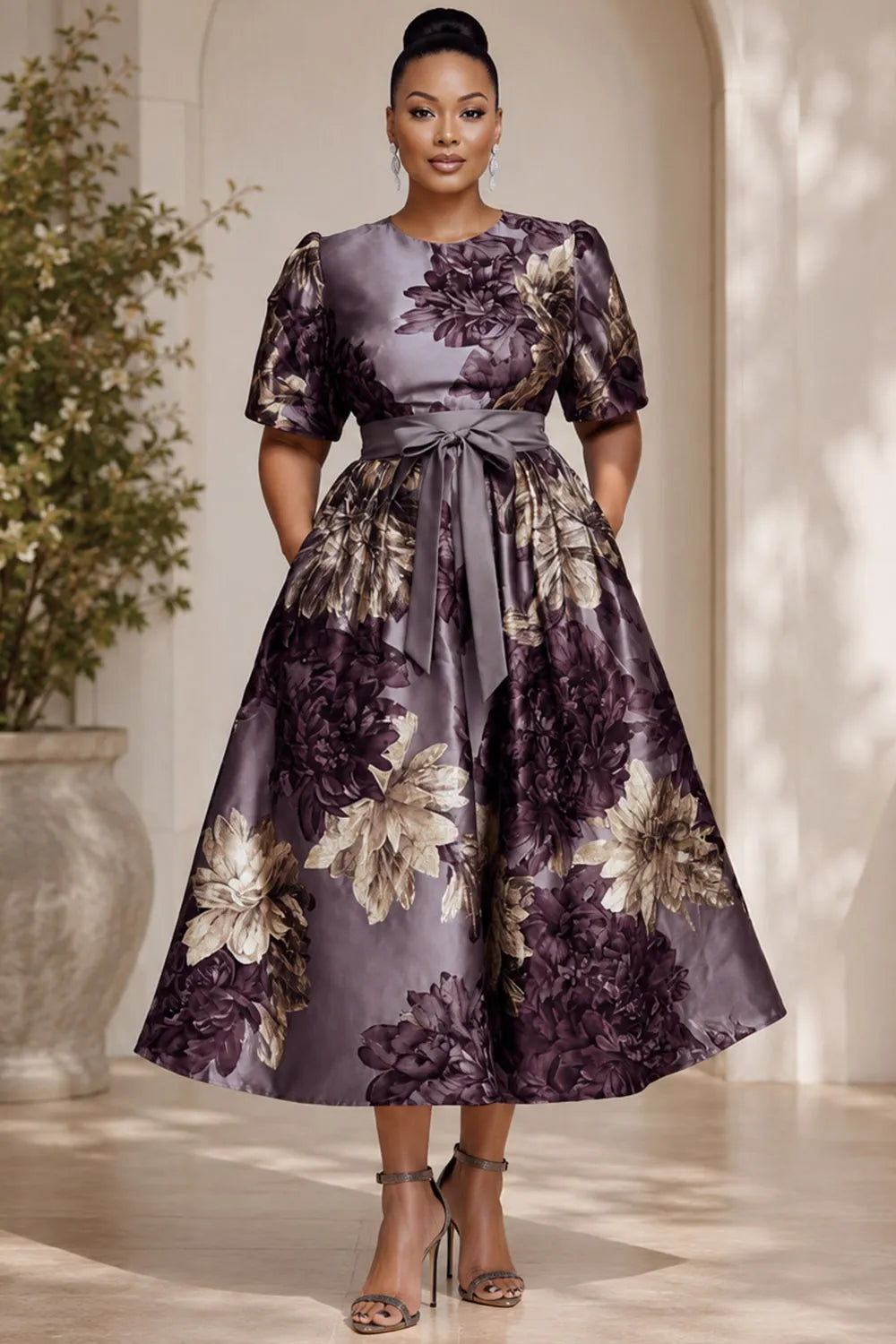 Xpluswear Design Plus Size Wedding Guest Purple Floral Round Neck Short Sleeve Pocket Satin Midi Dresses [Pre-Order]