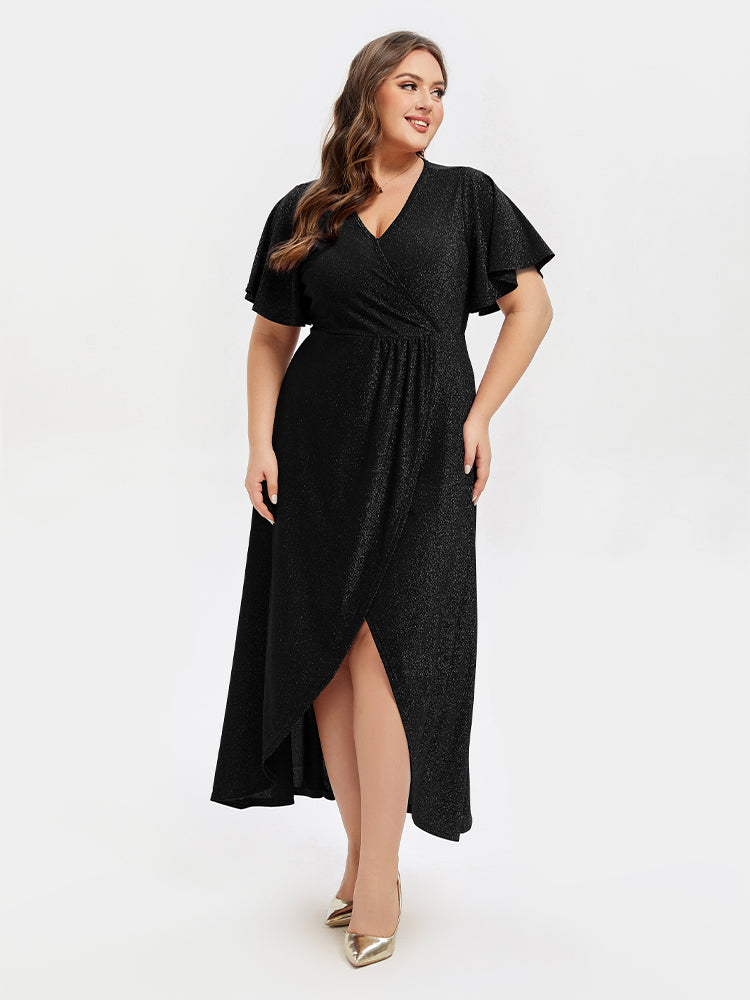 VIP V-Neck Ruffle Sleeve Split Glitter Maxi Dress