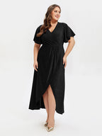 VIP V-Neck Ruffle Sleeve Split Glitter Maxi Dress