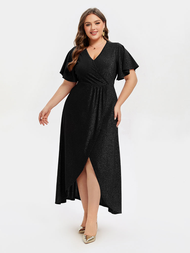 VIP V-Neck Ruffle Sleeve Split Glitter Maxi Dress