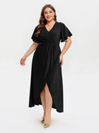 VIP V-Neck Ruffle Sleeve Split Glitter Maxi Dress