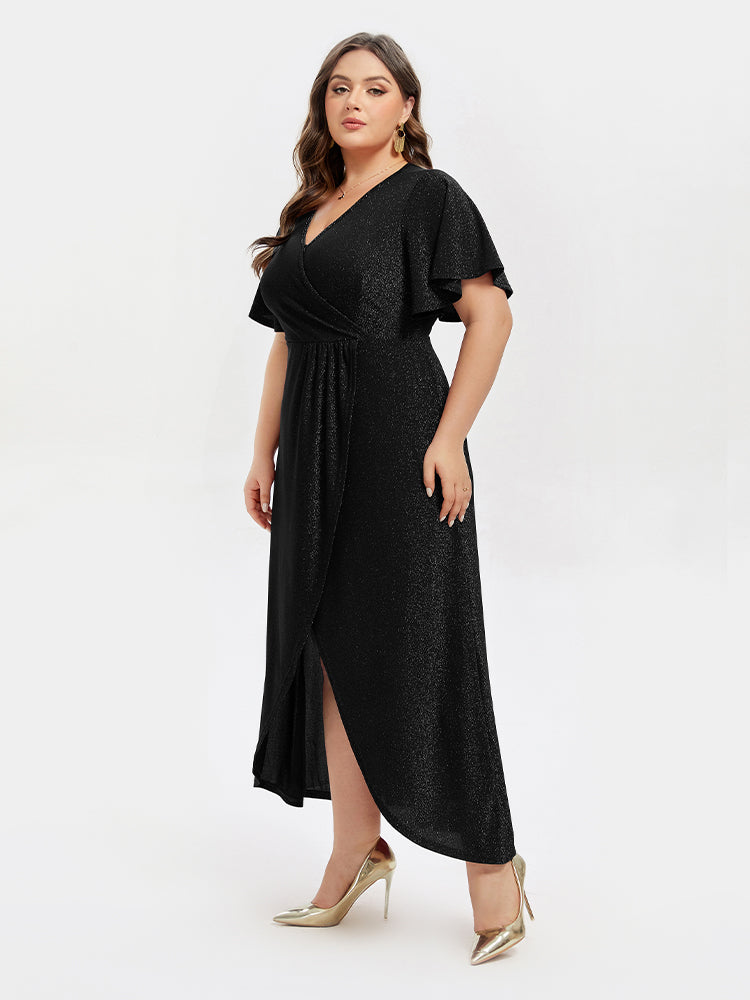 VIP V-Neck Ruffle Sleeve Split Glitter Maxi Dress