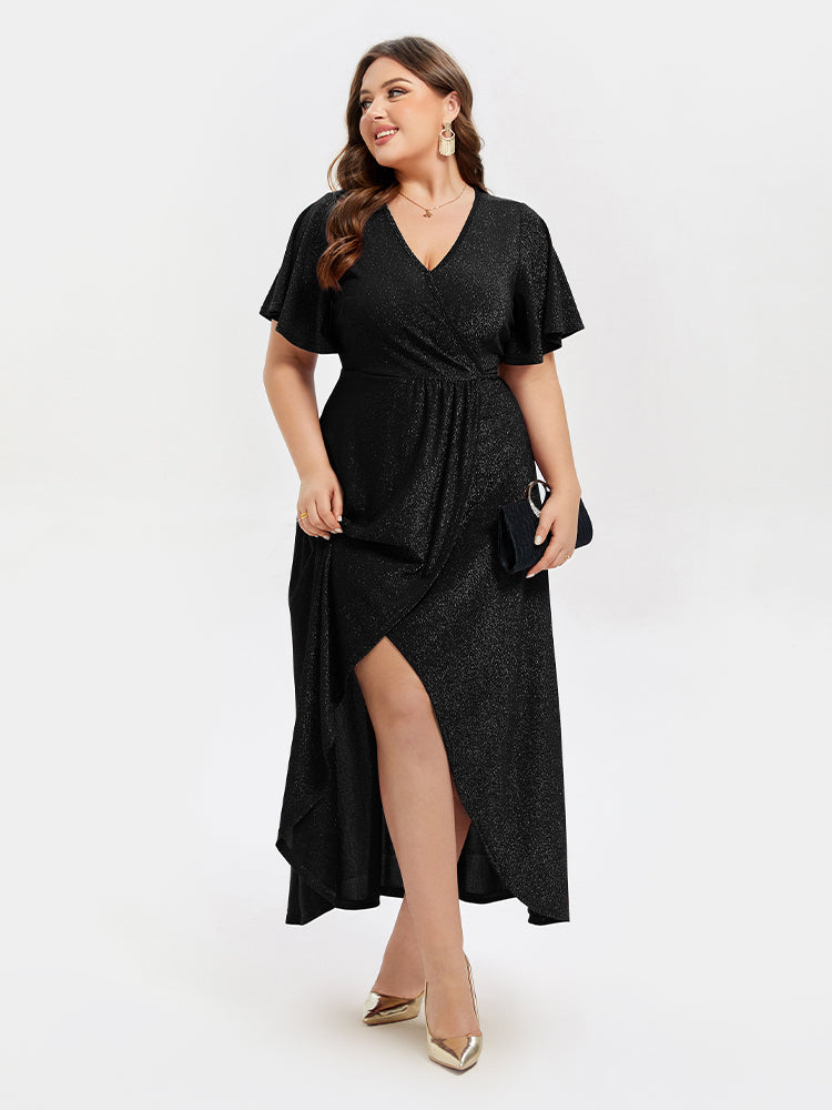 VIP V-Neck Ruffle Sleeve Split Glitter Maxi Dress