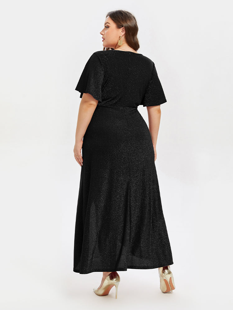 VIP V-Neck Ruffle Sleeve Split Glitter Maxi Dress
