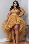 Xpluswear Design Plus Size Party Gold Round Neck Long Sleeve 3D Elegant High Low Hem Tulle Mini Dresses