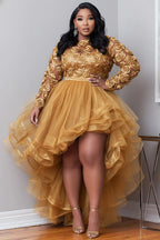 Xpluswear Design Plus Size Party Gold Round Neck Long Sleeve 3D Elegant High Low Hem Tulle Mini Dresses