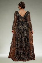 Curveins Plus Size Square Neck Long Sleeve Waist-Defined Sequin Pattern Dress