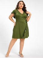 Plus Green V-Neck Flutter Sleeve Tie Side Ruched Dress