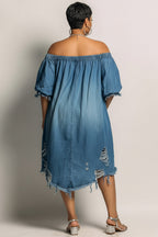 Xpluswear Design Plus Size Party Blue Off The Shoulder Short Sleeve Pocket Ripped Denim Mini Dresses