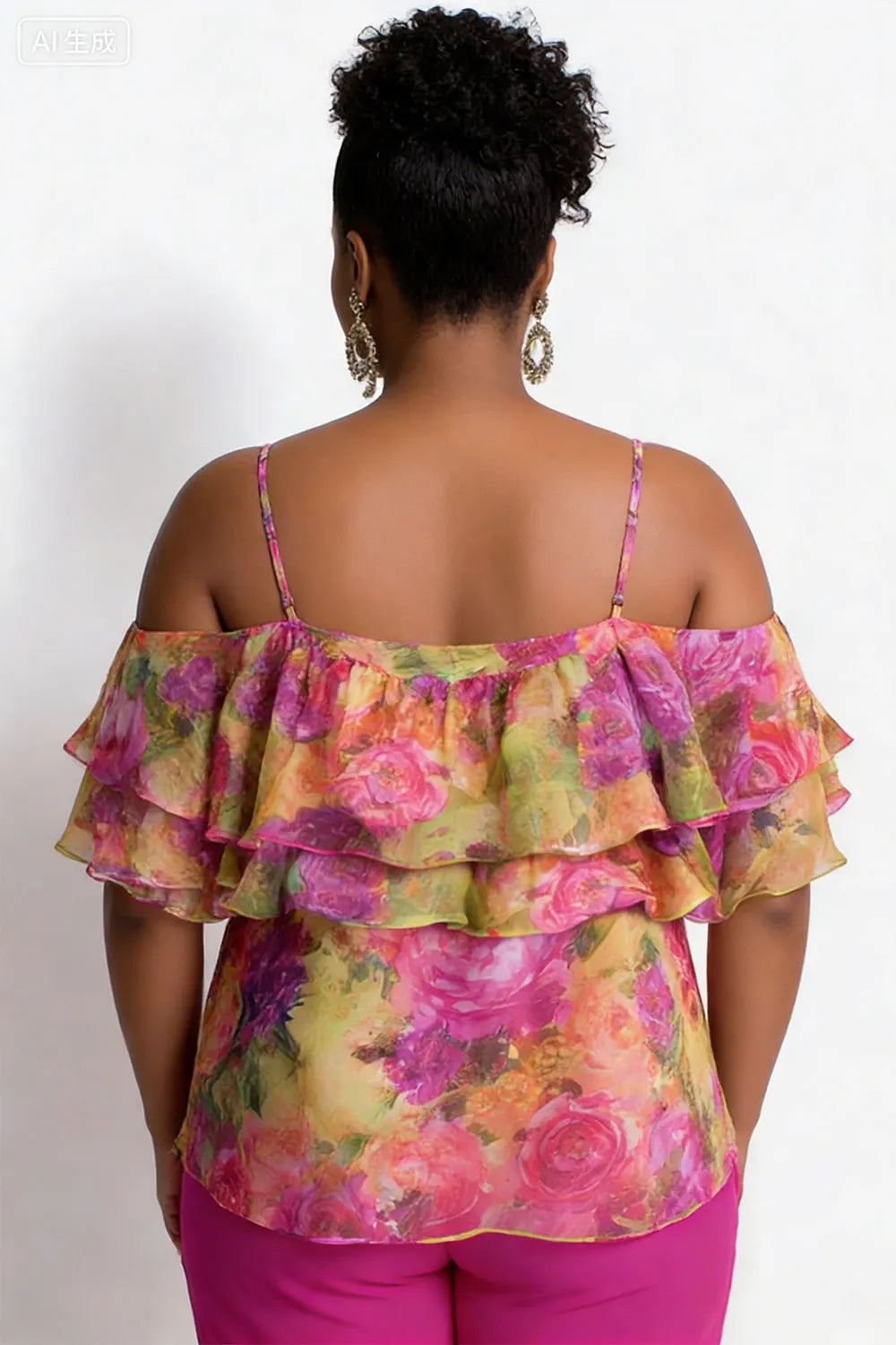 Xpluswear Design Plus Size Vacation Multicolor Floral Cold Shoulder Short Sleeve Ruffle Chiffon Tops