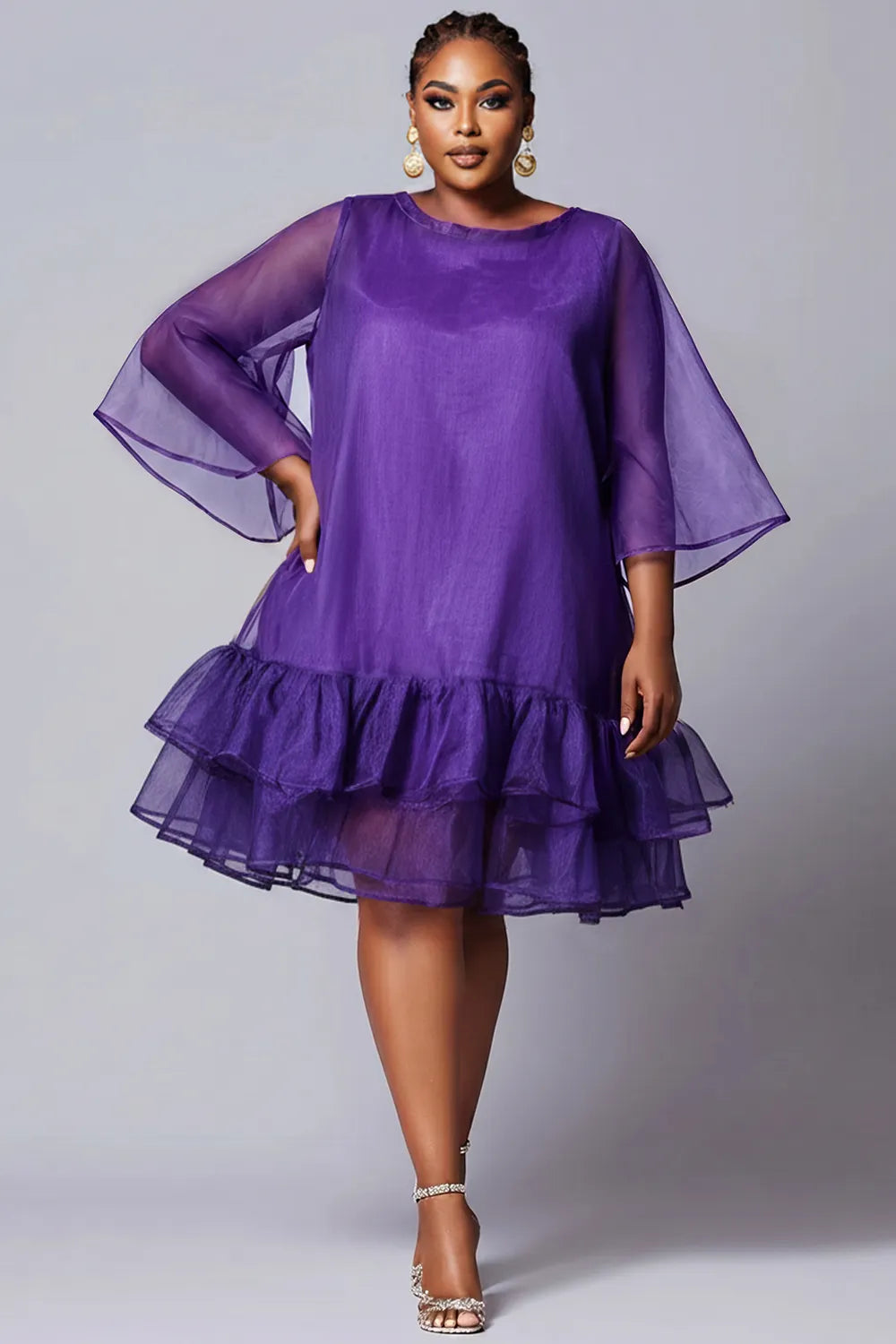 Xpluswear Design Plus Size Party Elegant Brown Round Neck Flare Short Sleeve Ruffle Organza Midi Dresses