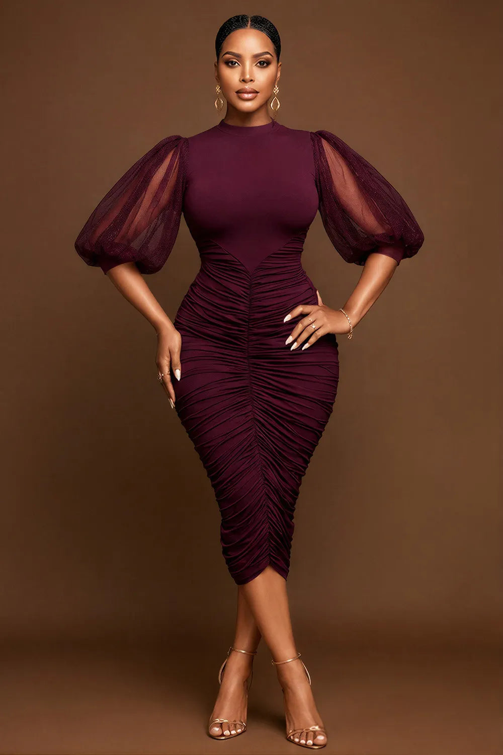 Xpluswear Design Plus Size Cocktail Party Burgundy Round Neck Puff Sleeve Short Sleeve Fold Bodycon Tulle Midi Dresses