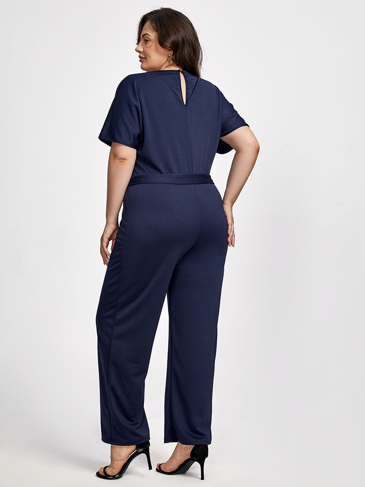Plus Batwing Sleeve Tie Front  Round Neck Jumpsuit