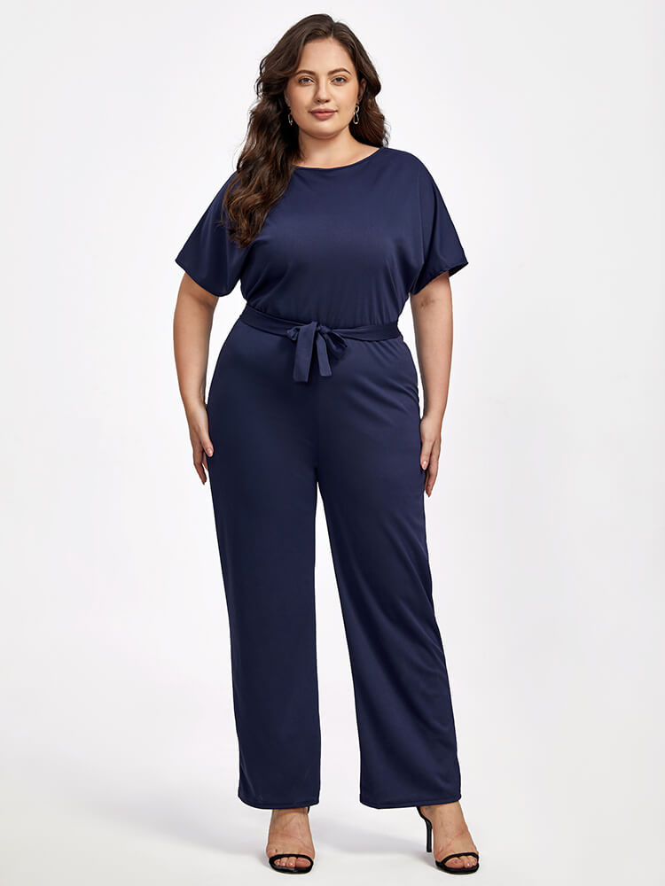 Plus Batwing Sleeve Tie Front  Round Neck Jumpsuit