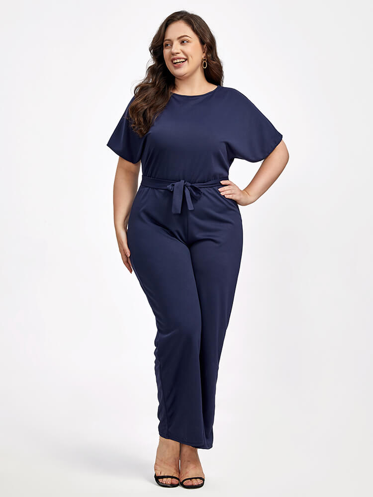 Plus Batwing Sleeve Tie Front  Round Neck Jumpsuit