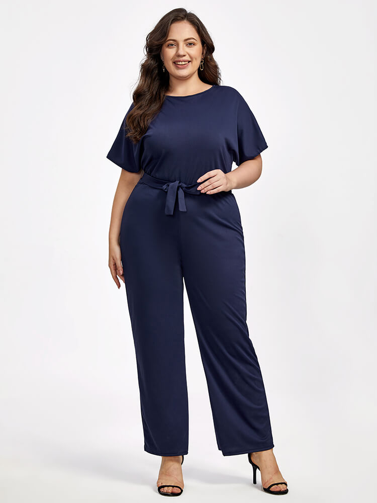 Plus Batwing Sleeve Tie Front  Round Neck Jumpsuit