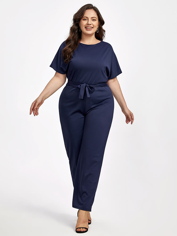 Plus Batwing Sleeve Tie Front  Round Neck Jumpsuit