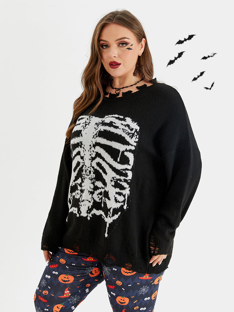 Halloween Skeleton Pattern Distressed Sweater
