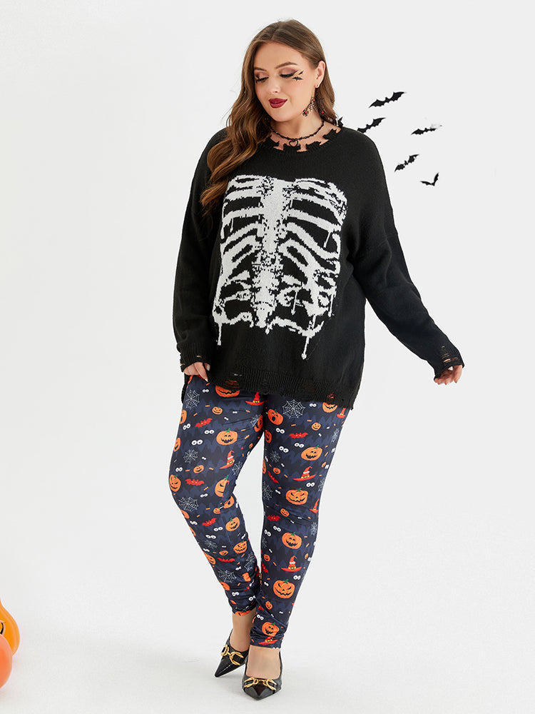 Halloween Skeleton Pattern Distressed Sweater