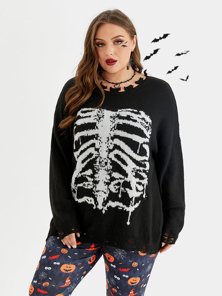 Halloween Skeleton Pattern Distressed Sweater