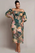 Xpluswear Design Plus Size Wedding Guest Green Floral Off The Shoulder Short Sleeve Smocking Chiffon Midi Dresses
