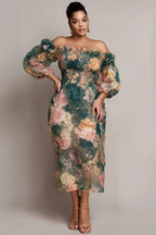 Xpluswear Design Plus Size Wedding Guest Green Floral Off The Shoulder Short Sleeve Smocking Chiffon Midi Dresses