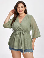 Plus Jacquard V-Neck Lantern Sleeve Tie Front Blouse