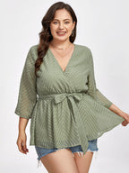 Plus Jacquard V-Neck Lantern Sleeve Tie Front Blouse
