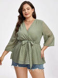 Plus Jacquard V-Neck Lantern Sleeve Tie Front Blouse